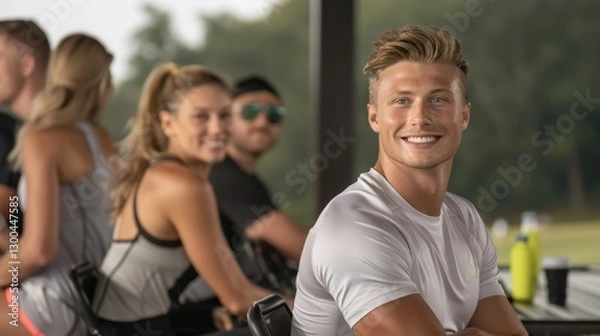 Obraz Young Man Smiling in Outdoor Group Setting with Friends Enjoying Day