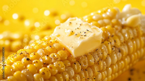 Fototapeta A delicious shot of roasted corn with melting butter, against a bright yellow backdrop.