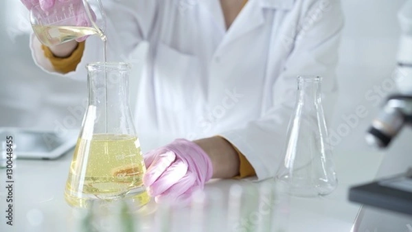 Fototapeta A scientist, wearing a lab coat and pink protective gloves, is pouring a yellow oily liquid from one beaker to another near microscope in laboratory, close up. Medicine and science