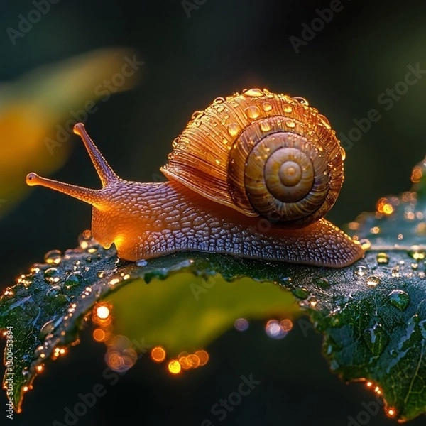 Obraz Dew-covered snail crawling on leaf at dawn, nature macro photography for websites or prints