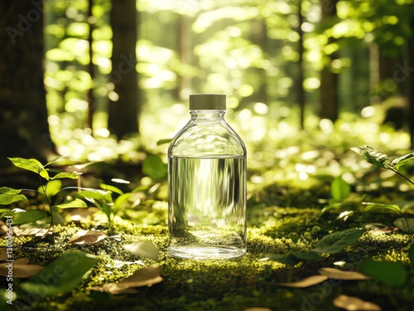 Fototapeta Clear water bottle surrounded by lush green forest in sunlight
