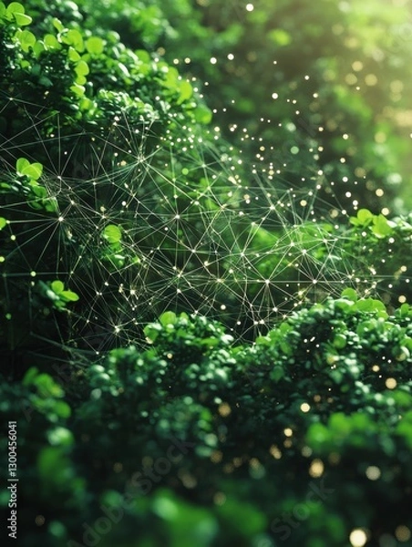 Fototapeta Futuristic digital network overlaying green foliage
