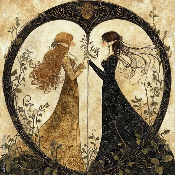 Obraz A symmetrical illustration of two women in contrasting dresses facing each other inside an ornate frame.