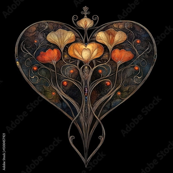 Obraz A stylized heart-shaped floral design with glowing golden flowers and intricate details.