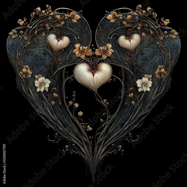 Obraz A symmetrical decorative heart with floral elements and glowing details in a dark fantasy style.