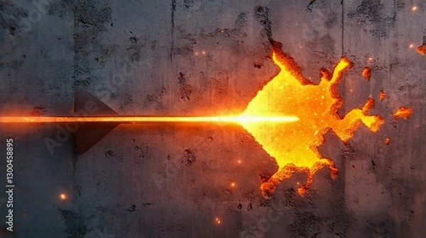 Fototapeta A stunning visual of a fiery arrow piercing through a concrete wall, creating an explosive effect of molten lava and sparks.