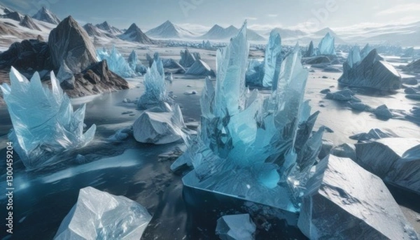 Fototapeta Glacial blue icy surface with fragmented ice crystals,  texture,  geometric,  background