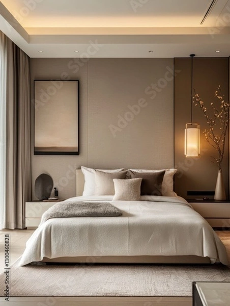 Fototapeta This image of the bedroom features a modern and minimalist aesthetic