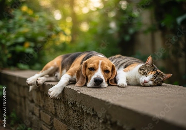 Fototapeta A beagle dog and a cat sleeping on a concrete ledge, both relaxed with eyes closed, soft natural lighting, blurry garden background, cozy atmosphere

