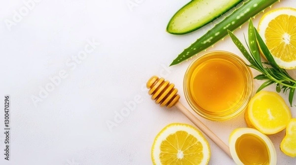 Fototapeta Fresh honey with cucumbers and lemon, a refreshing healthy delight for summer