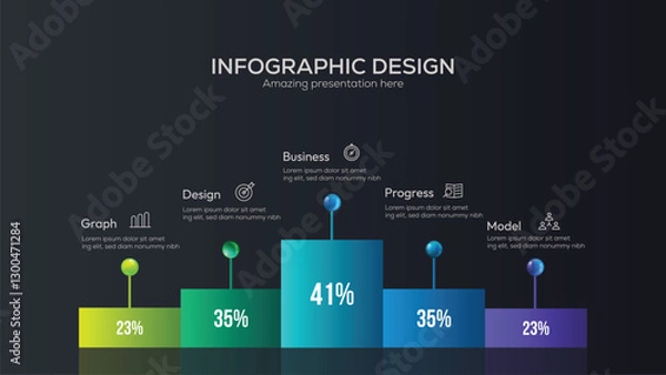 Fototapeta Statistics business 3d graph bar chart. Vector infographic with steps and options. Creative concept with 5 steps. Can be used for workflow layout, diagram, banner, web design.