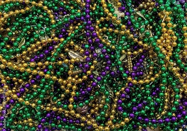Fototapeta A close-up photograph captures a dense tangle of Mardi Gras beads, showcasing a variety of colors and textures.