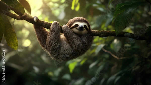 Fototapeta A slow-moving sloth hanging from a tree branch, surrounded by dense rainforest foliage