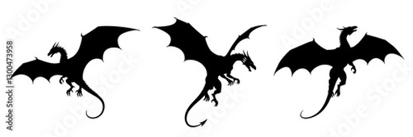 Obraz Dynamic set of three majestic dragon silhouettes with spread wings. Perfect for fantasy-themed designs, gaming assets, and decorative artwork. High-contrast black shapes with detailed wing patterns.
