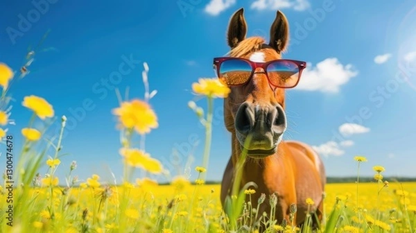 Fototapeta A cheerful horse wearing sunglasses stands in a vibrant yellow flower field under a bright blue sky