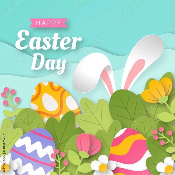 Fototapeta Happy Easter background with paper cut bunny, flowers and eggs. Vector illustration.