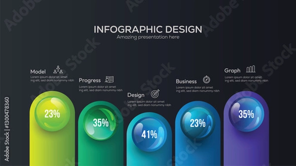 Fototapeta Business 5 option infographic presentation vector 3D colorful balls illustration five steps infographic are arranged vertically creating a clear timeline flow from top to bottom. Dark Background