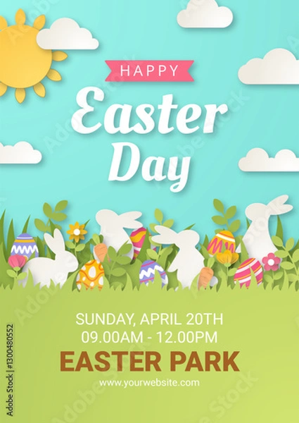 Fototapeta Happy Easter background with paper cut bunny, flowers and eggs. Vector illustration.