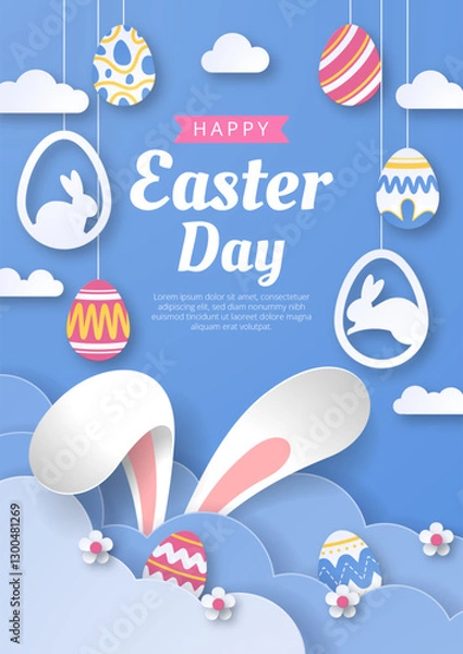 Fototapeta Happy Easter background with paper cut bunny, flowers and eggs. Vector illustration.