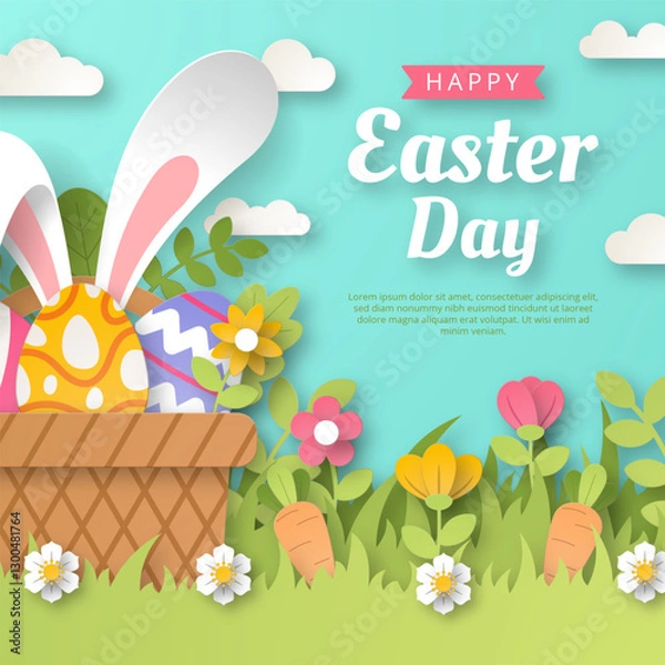 Fototapeta Happy Easter background with paper cut bunny, flowers and eggs. Vector illustration.
