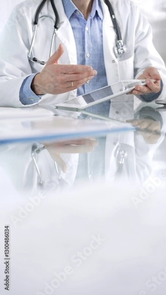 Fototapeta Unknown male doctor wearing a stethoscope, blue shirt and a lab coat is gesturing with hands overs a glass desk with digital tablet in clinic office, vertical closeup view. Medicine concept
