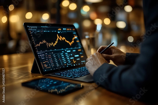 Fototapeta In a contemporary workspace, a business professional in a tailored suit studies stock charts on a tablet. The ambient lighting enhances focus on market trends and data analysis