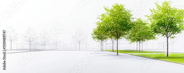 Fototapeta Urban planning sketch featuring green trees and open space