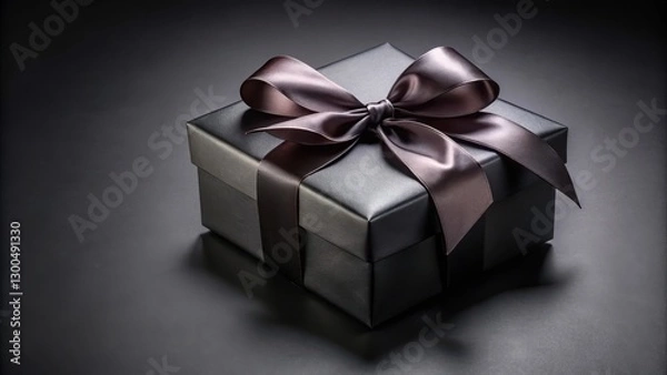 Obraz Elegant black gift box with a luxurious black ribbon tied in a bow sits atop a dark mysterious background for a Black Friday promotion display , black gift box, shop