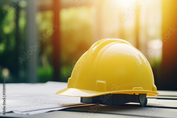 Fototapeta Yellow safety helmet resting on top of a detailed construction blueprint with copy space. 