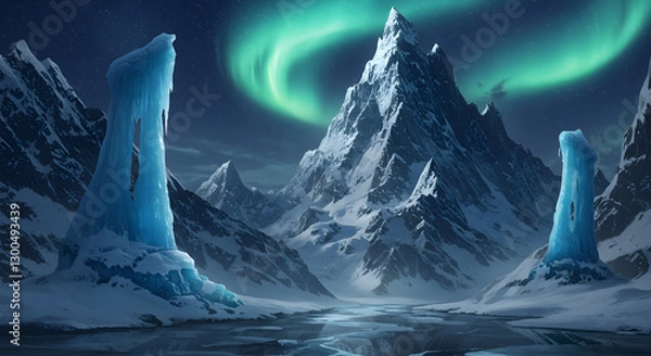 Fototapeta Snowy Mountains and Aurora Borealis with Ice Formations at Night