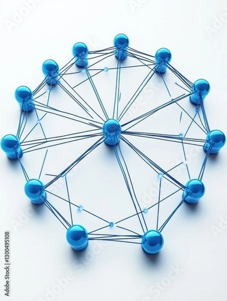 Fototapeta A network connected blue nodes on a white backdrop, symbolizing digital communication.