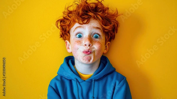 Fototapeta A playful and colorful portrait of a young freckled boy with messy red hair, wearing a bright blue hoodie, making a funny face against a yellow background