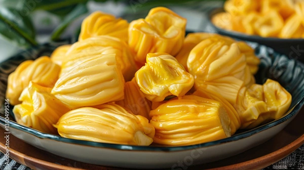 Obraz A plate of fresh jackfruit pieces, also known as the spectacle fruit, showcasing its bright yellow color and tropical texture.