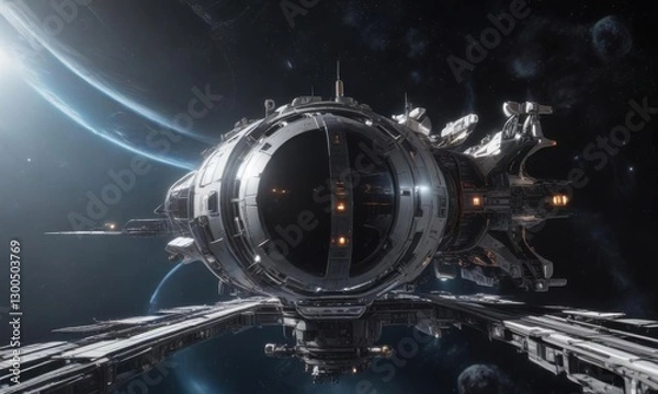 Obraz Futuristic spacecraft docked at a space station,  spaceship,  futuristic,  stars