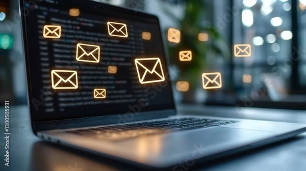 Obraz Glowing Email Icons on Laptop Screen