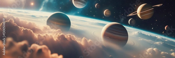 Fototapeta Image of planets in outer space against the background of stars and nebulae. Deep Space Travel. Illustration