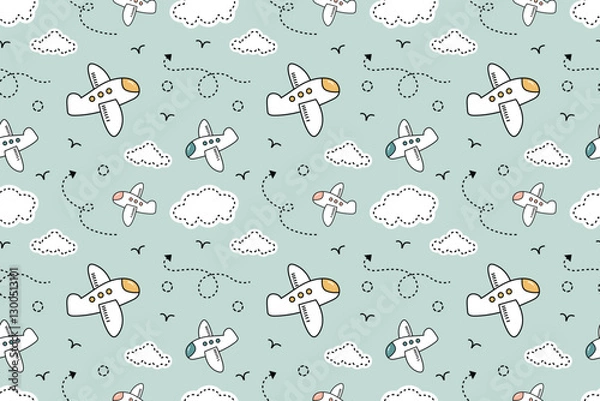 Obraz Cute airplane with clouds kiddy illustration abstract seamless repeat pattern
