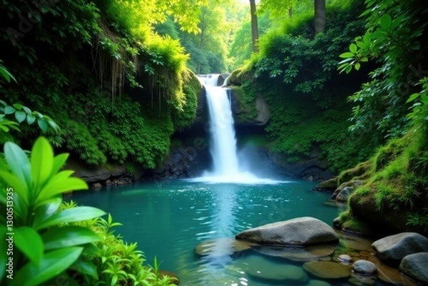 Fototapeta Lush greenery surrounds serene waterfall cascading into crystal clear stream, waterfalls, plants, scenery
