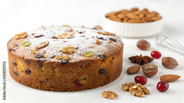 Obraz A classic fruit cake with a rich, moist texture, packed with dried fruits and nuts, isolated on a clean white background.