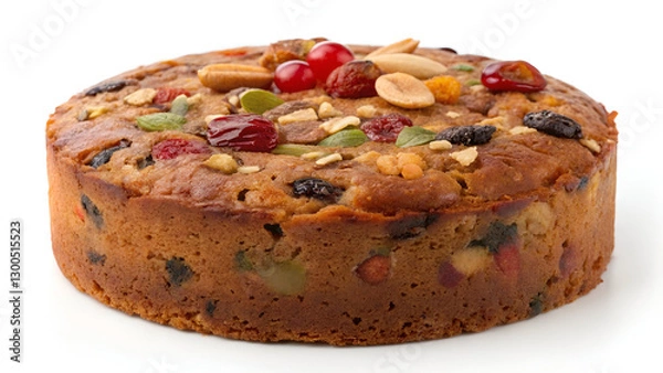 Fototapeta A classic fruit cake with a rich, moist texture, packed with dried fruits and nuts, isolated on a clean white background.