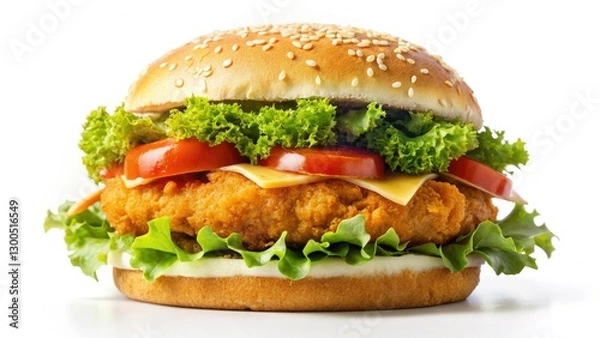 Fototapeta Crispy chicken nuggets crown a juicy patty in this gourmet panoramic burger; a delicious, high-resolution close-up.