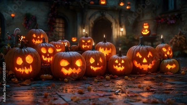 Fototapeta Eerie candlelit pumpkins casting shadows for Halloween celebrations – Generative AI