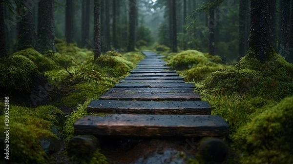 Obraz Misty forest path with wooden boardwalk