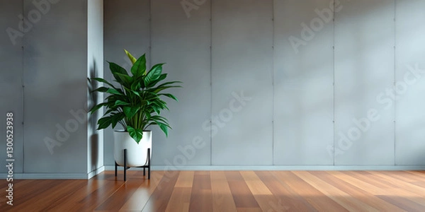 Obraz minimalist mockup of a white wall adorned with a vibrant green plant on a polished wood floor,split-color background wall creating a lively and cheerful atmosphere of modern interior design.