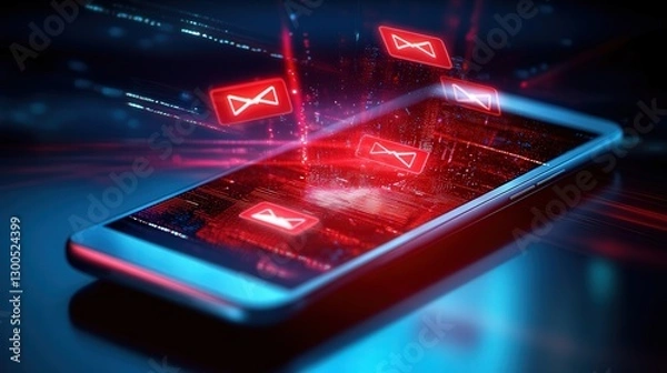 Fototapeta mobile device with a red warning showing SMS spam, fake phishing text messages, and a system hack.