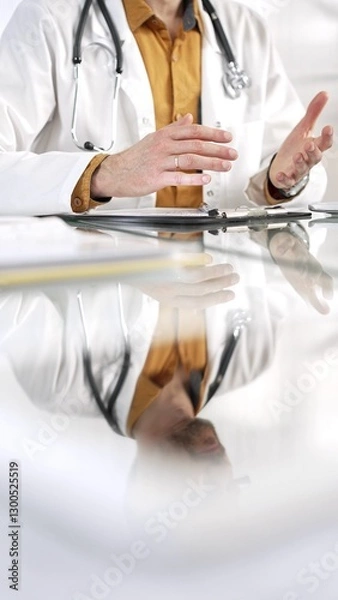 Fototapeta Unknown male doctor wearing a stethoscope, yellow shirt under a lab coat is gesturing with hands overs a glass desk with a laptop in clinic office. Medicine concept