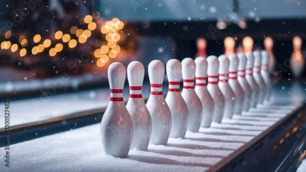 Fototapeta Row of Bowling Pins on Snowy Surface with Falling Snow and Warm Holiday Lights – A Creative Blend of Winter Festivities and Sports, Capturing the Magic of the Season in a Unique Setting
