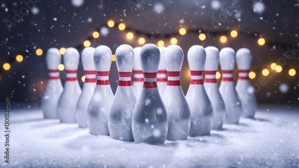 Fototapeta Winter Wonderland Bowling Scene – Classic Bowling Pins Lined Up in Snow with Gentle Snowflakes and Festive Bokeh Lights, Perfect for Holiday-Themed Sports or Recreational Concepts