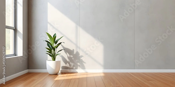 Obraz minimalist mockup of a white wall adorned with a vibrant green plant on a polished wood floor,split-color background wall creating a lively and cheerful atmosphere of modern interior design.