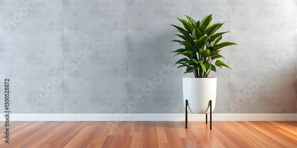 Fototapeta minimalist mockup of a white wall adorned with a vibrant green plant on a polished wood floor,split-color background wall creating a lively and cheerful atmosphere of modern interior design.